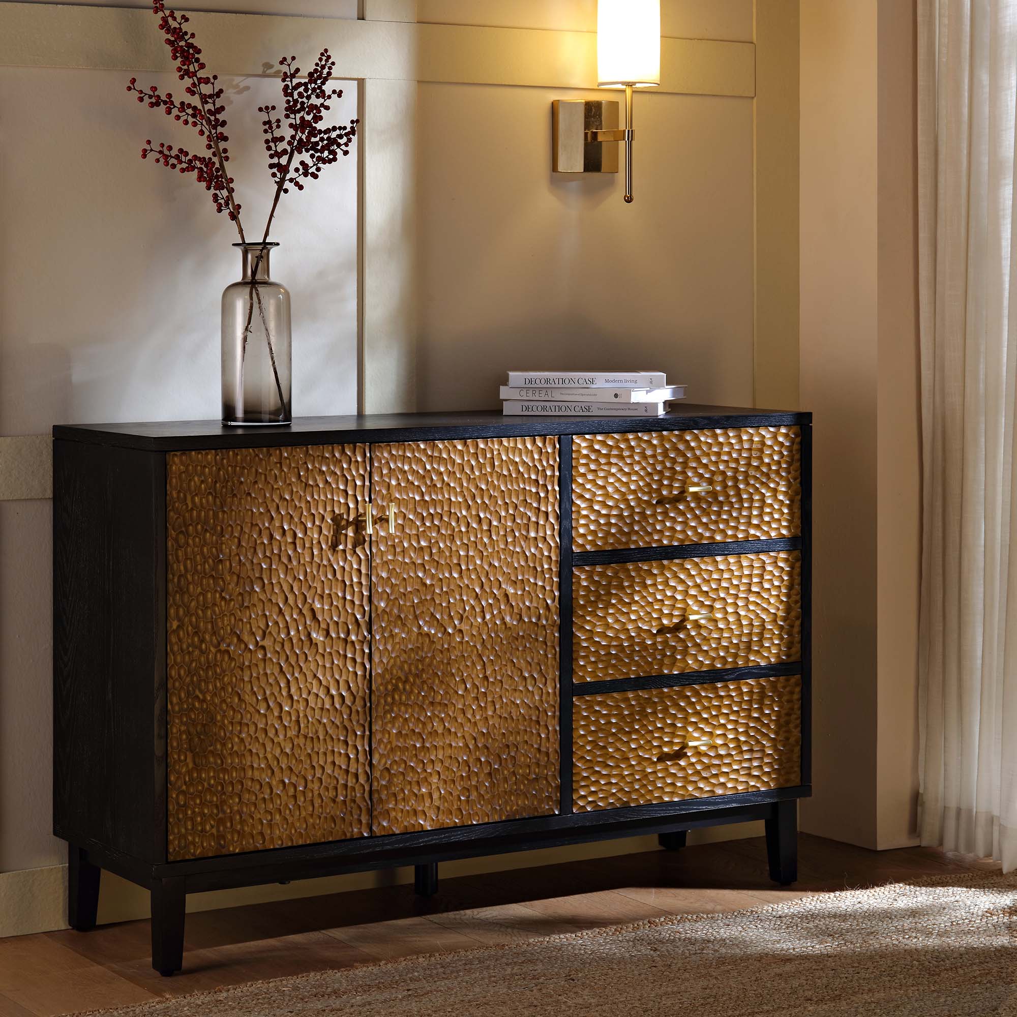 Bianca Chip Carved 2-Door 3-Drawer Sideboard, Antique Bronze & Black