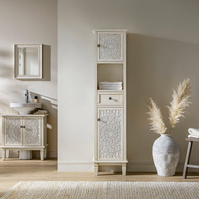 Chantilly Whitewashed Carved Bathroom Tallboy Cabinet