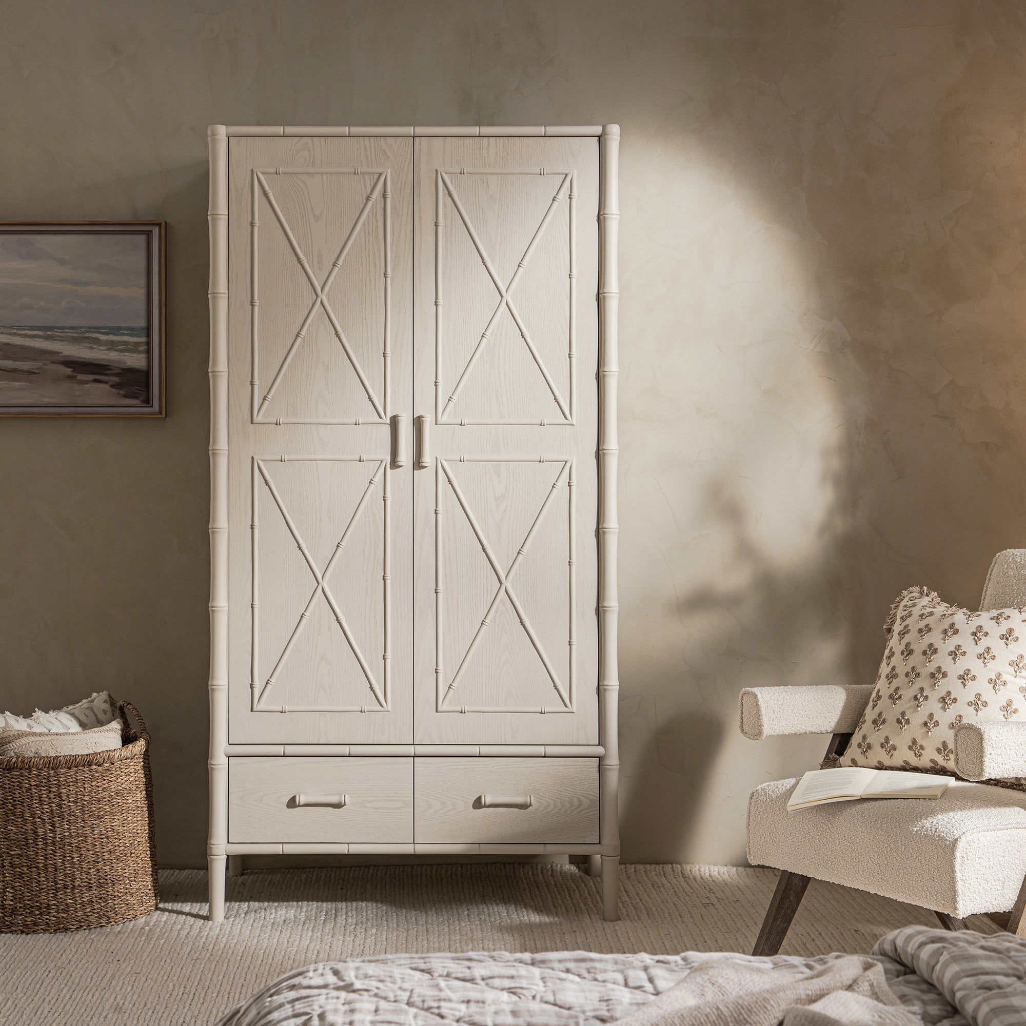 Elstowe Faux Bamboo Double Wardrobe, Shaded White