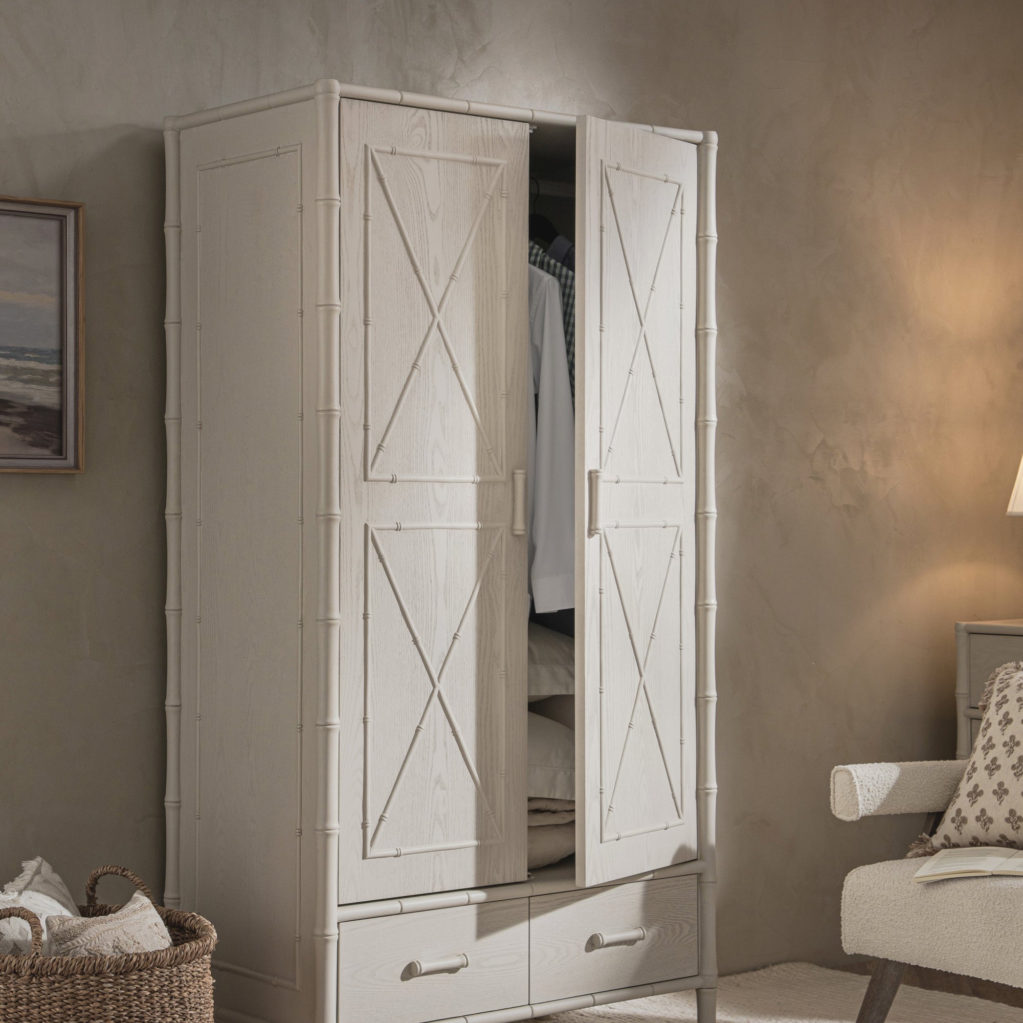 Elstowe Faux Bamboo Double Wardrobe, Shaded White