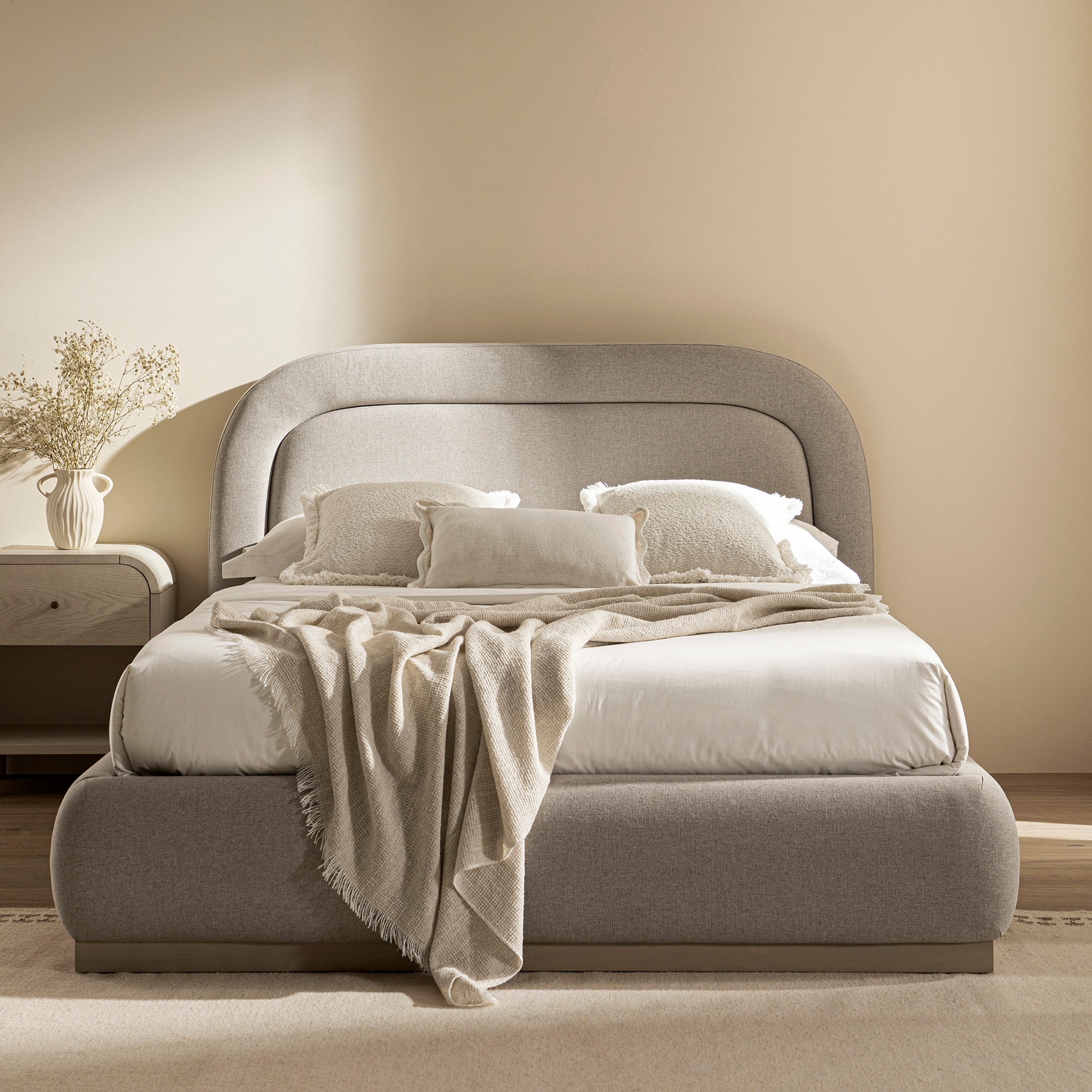 Luella Upholstered Wooden Plinth Base Storage Bed, Sand Fabric