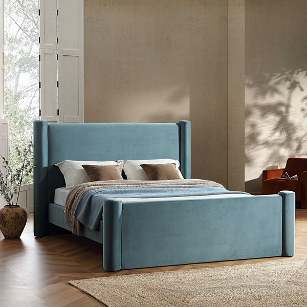 Galerie Misty Blue Velvet Pillar Upholstered Bed