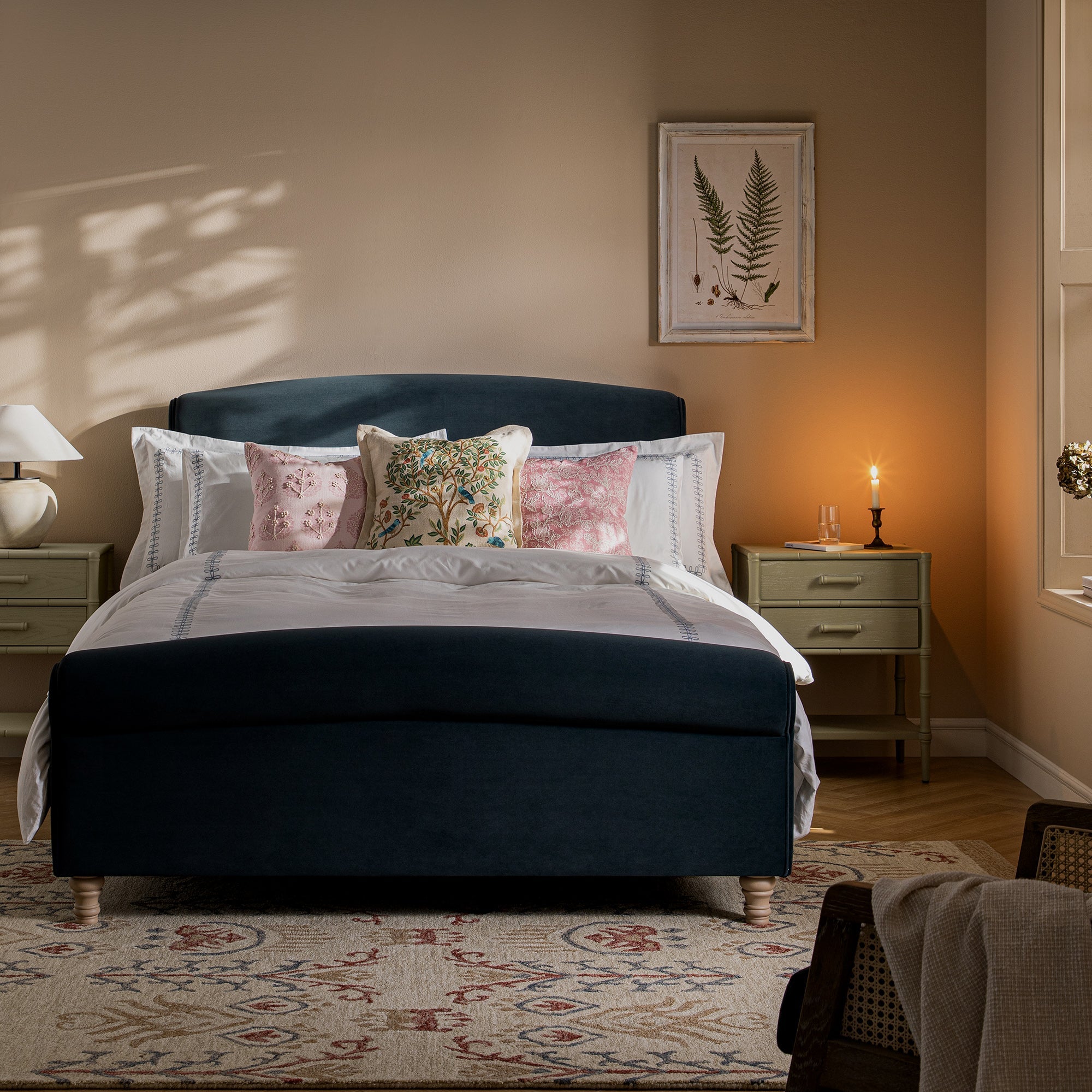 Porchester Ottoman Storage Sleigh Bed, Aegean Blue Velvet