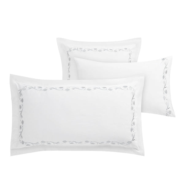 Adeline Moonshine Grey Floral Embroidered 600 Thread Count Cotton Sateen Continental Square Pillowcases - Pair