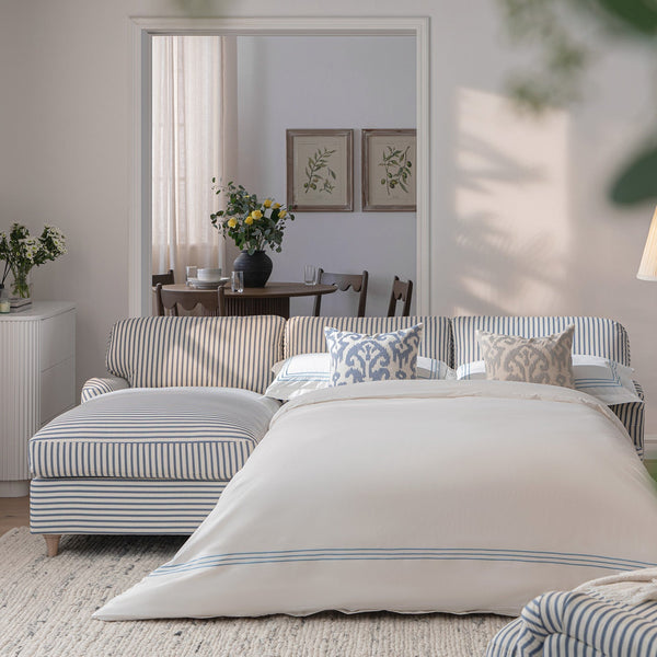 Daphnis Blue Striped Linen Blend Sofa Bed, Grande Chaise Left Hand Facing