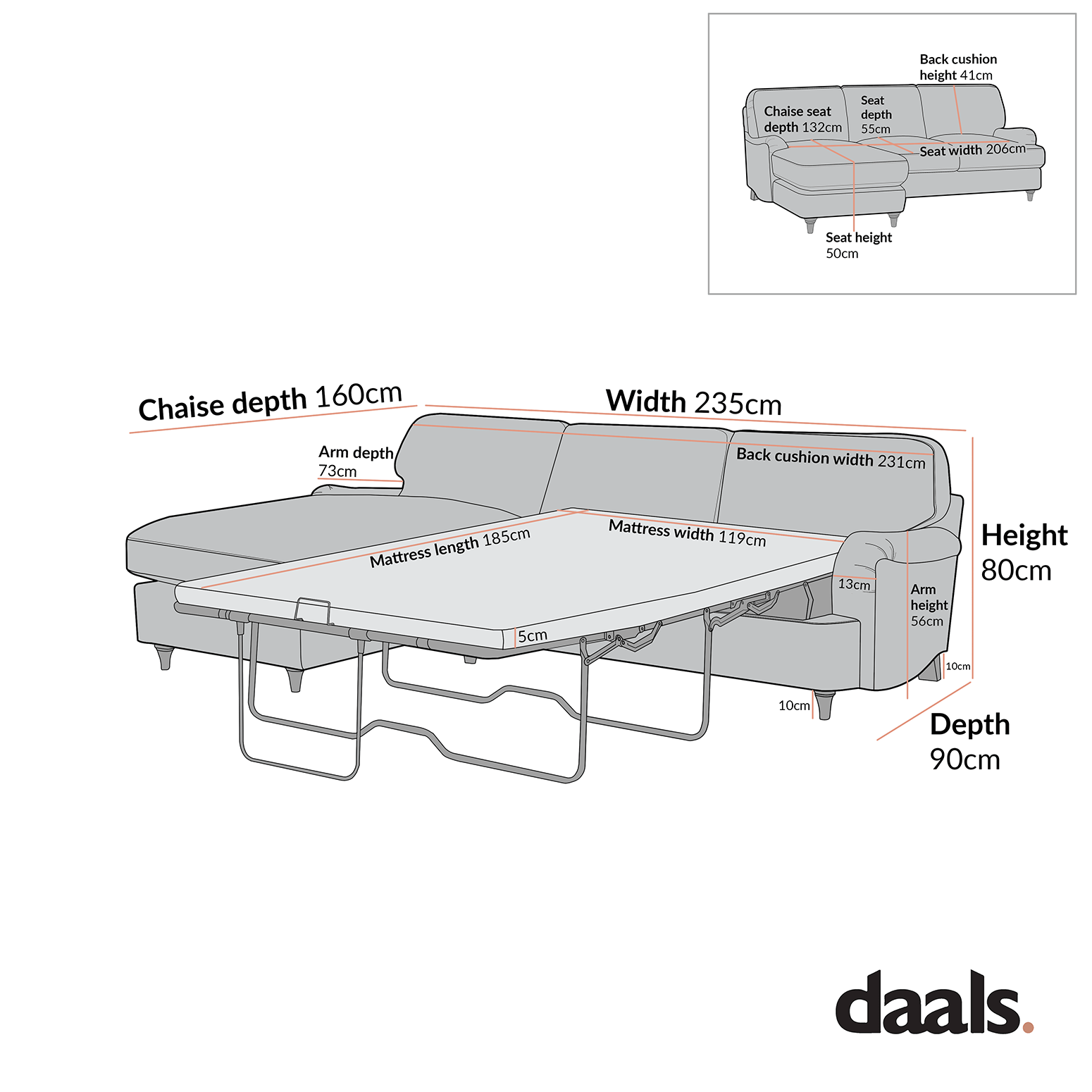 Daphnis Blue Striped Linen Blend Sofa Bed, Grande Chaise Left Hand Facing