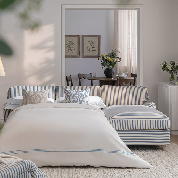 Daphnis Blue Striped Linen Blend Sofa Bed, Grande Chaise Right Hand Facing - daals - staging