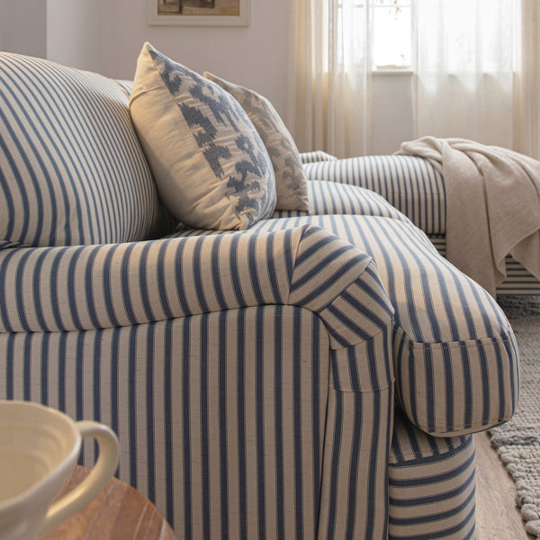 Daphnis Blue Striped Linen Blend Sofa Bed, Grande Chaise Right Hand Facing - daals - staging
