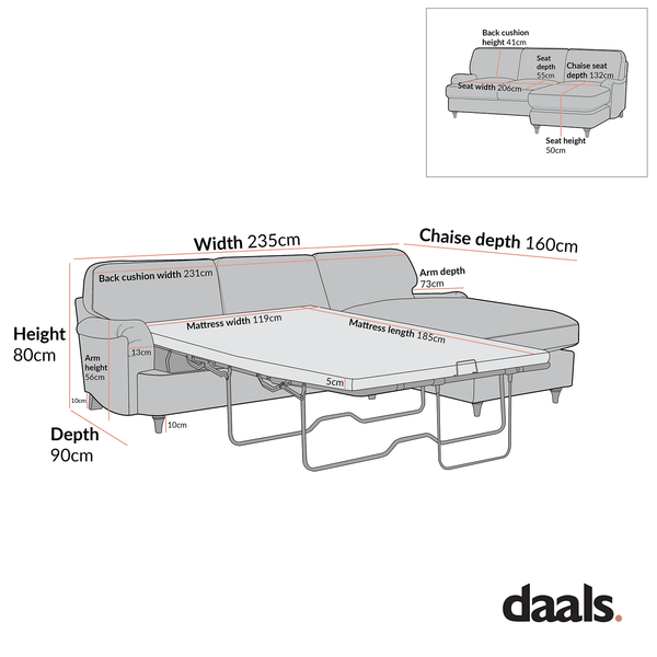 Daphnis Ochre Striped Linen Blend Sofa Bed, Grande Chaise Right Hand Facing