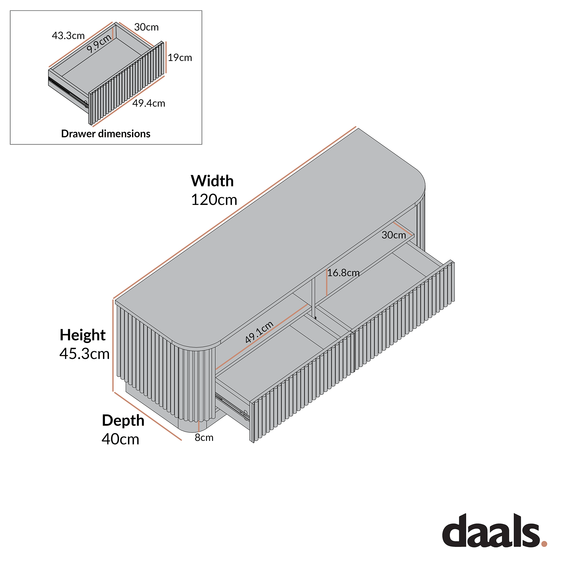 Maru 120cm TV Unit with Drawers, Black