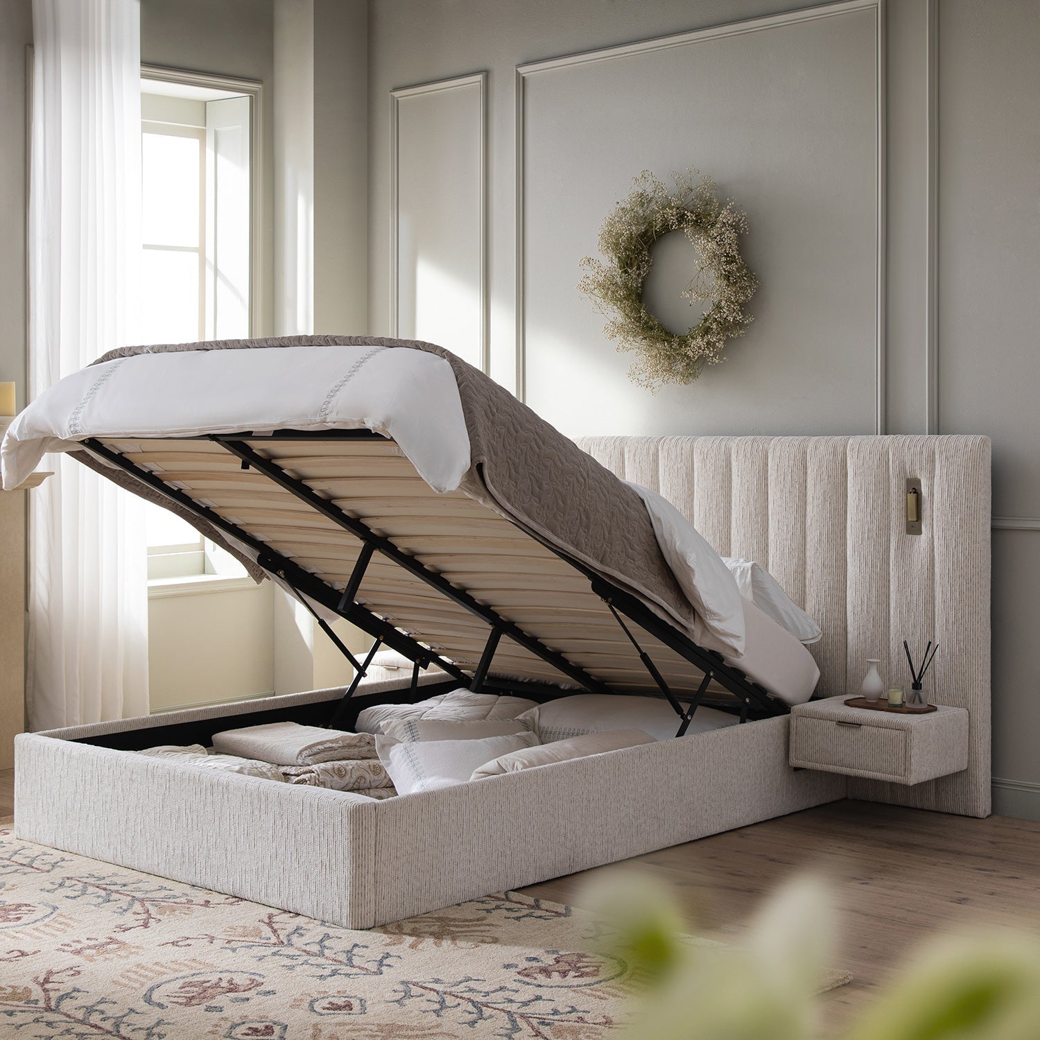 Tremezzo Oversized Ottoman Storage Bed, Beige Textured Fabric