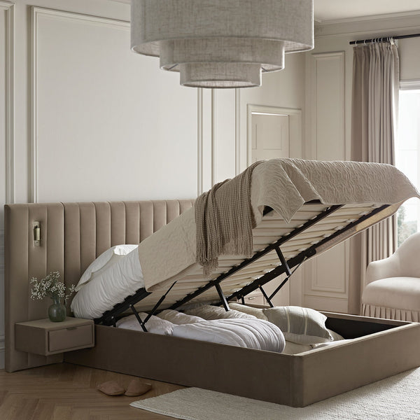Tremezzo Oversized Ottoman Storage Bed, Taupe Velvet - daals - staging