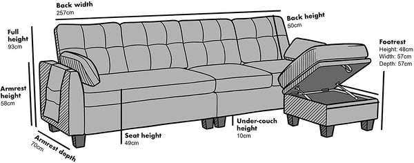 Brunswick 4 Seater Storage Chaise Sofa in Grey (4498956386355)