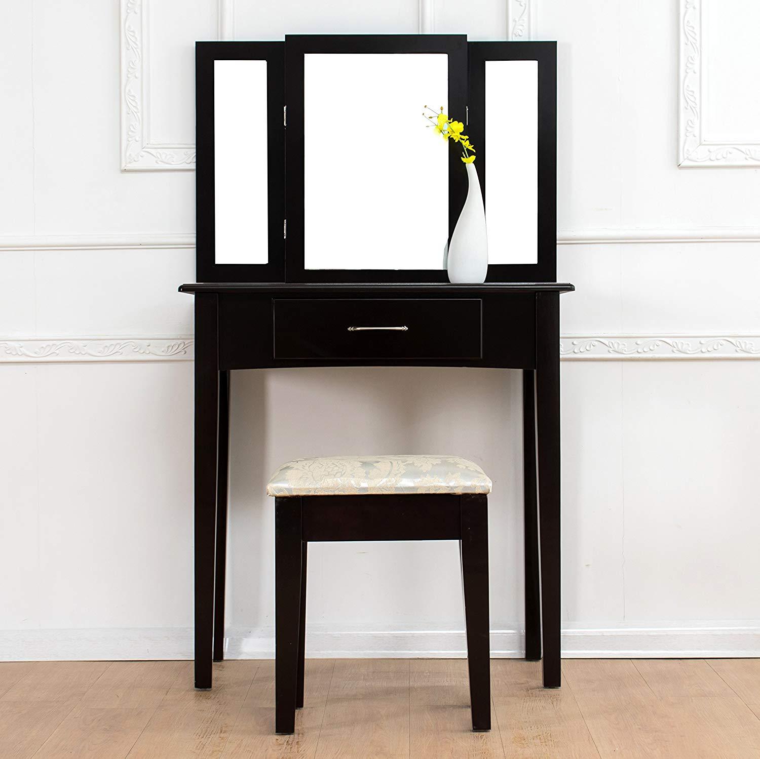1-Drawer Black Dressing Table with Stool